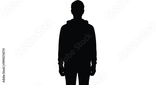 Simple vector illustration of a person wearing a casual hooded sweatshirt standing upright in a minimalist style to represent a mysterious anonymous character or figure