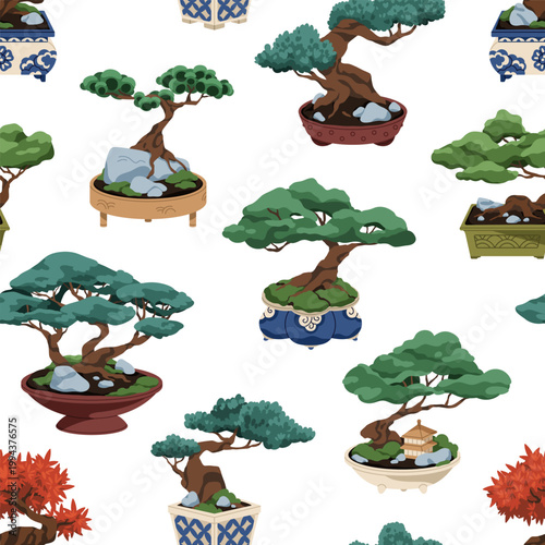 Bonsai, seamless pattern. Japan zen garden, tree plants in pots, endless back...