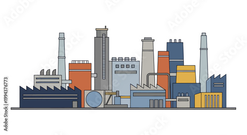 Modern Industrial Factory Buildings with Tall Chimneys and Warehouses.