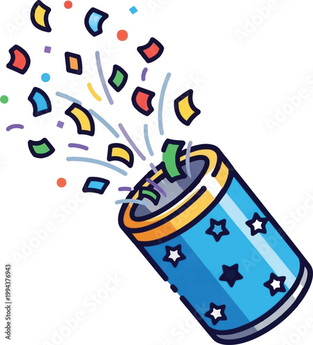 Colorful party popper, celebration confetti, festive blue cylinder, star decoration