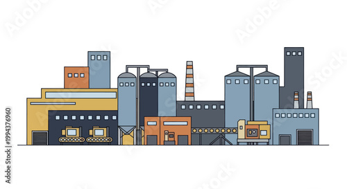Modern Industrial Factory Complex with Silos and Chimneys.