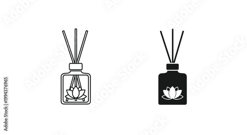 Aromatic reed diffuser with lotus flower design icons set in outline and solid flat styles for home fragrance use.