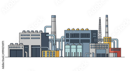 Modern Industrial Factory Complex with Smokestacks and Pipelines.
