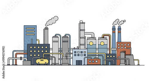 Modern Industrial Factory Complex with Smokestacks and Pipelines.