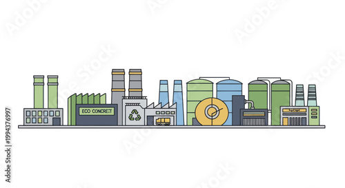 Modern Industrial Factory Complex with Storage Tanks and Smokestacks.
