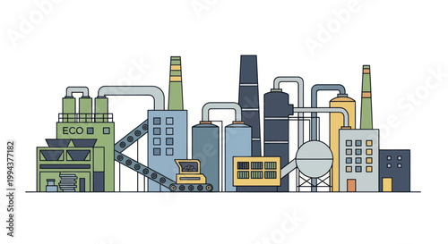 Modern Industrial Factory Complex with Various Structures and Pipelines.