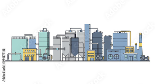 Modern Industrial Factory Complex with Various Structures and Pipelines.