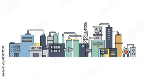 Modern Industrial Factory Complex with Various Structures and Pipelines.