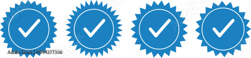 Blue check marks inside starburst badges, verification and confirmation icons, approval symbols.