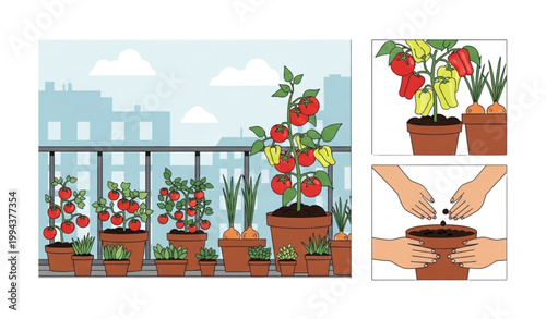 Balcony garden vegetables vector set urban farming spring pots design