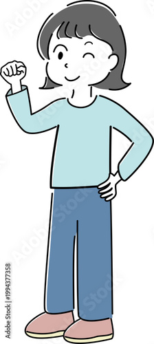 ガッツポーズをする女性の全身シンプルイラスト（成功・やる気・自信・ポジティブ・人物素材） / Full body woman making a victory pose simple line illustration (success, motivation, confidence, positive, people)