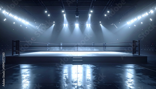 An empty boxing ring is illuminated by bright spotlights in a darkened arena, awaiting a competitive match.