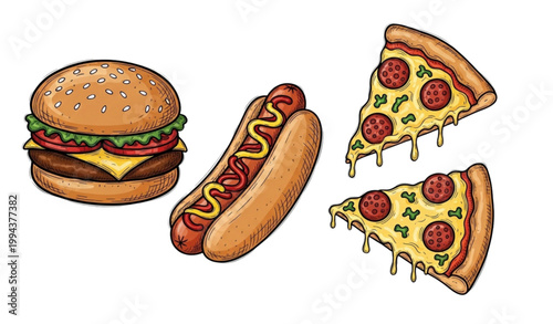 Hand drawn fast food combo vector burger hotdog pizza sketch illustration