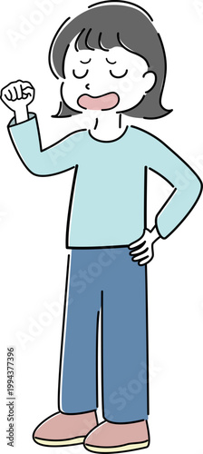 仕方ないと諦めながらガッツポーズをする女性の全身シンプルイラスト（妥協・やれやれ・諦め・感情表現・人物素材） / Full body woman making a reluctant victory pose simple line illustration (resignation, compromise, acceptance, emotion, people)