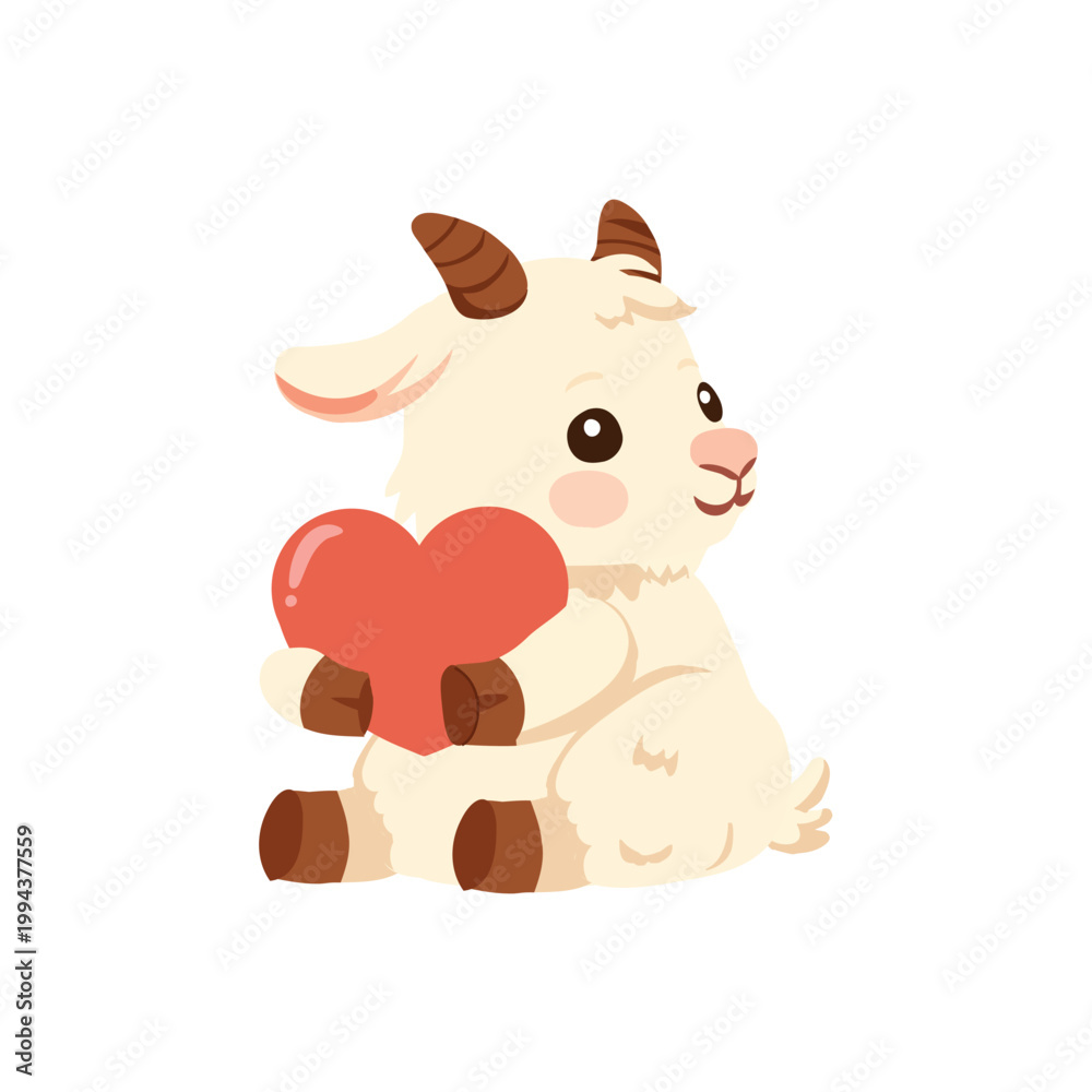 Fototapeta premium cartoon goat character holding red heart cute animal mascot illustration for valentine day kids poster sticker and modern design
