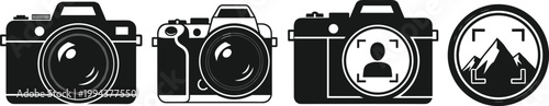 Camera and photography equipment icon set featuring digital slr bodies and lens viewfinders for professional work.