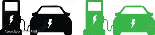 Electric Car Charging Station Icon Set Vector Illustration – EV Charger and Eco Friendly Vehicle Symbol Black and Green