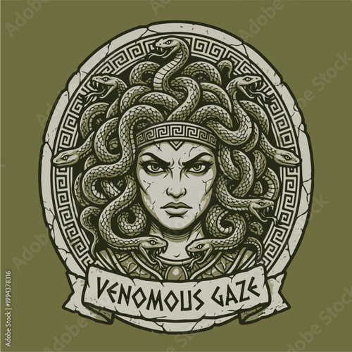 Medusa Snake Woman Portrait Illustration.