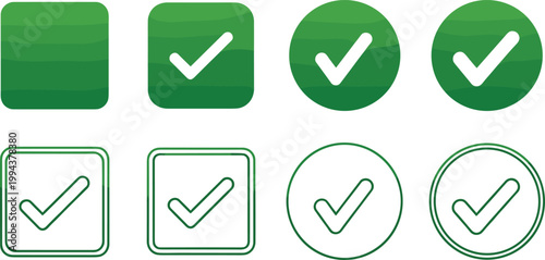 Green check mark symbols and shapes for confirmation or approval in various round and square formats vector.