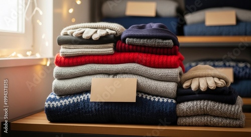 Cozy stacks of winter clothing, perfect for staying warm in colder weather. The image shows a collection of folded sweaters, hats and gloves. The stack of garments includes red, blue.