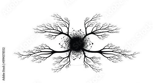 Abstract vector graphic illustration depicting a complex neural network or biological system, symbolizing growth and interconnectedness with intricate branching patterns.