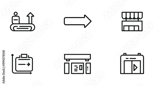 Navigational Icons: A collection of simple, black and white icons for easy wayfinding and directional guidance. This minimalist design emphasizes clarity and user-friendliness in various environments.