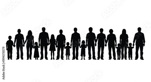 A diverse group of adults and children stand together in a long line, holding hands to symbolize unity, community, and connection in this striking vector illustration.