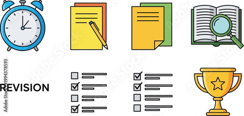 Revision symbols and planning icons represent project success and milestones.