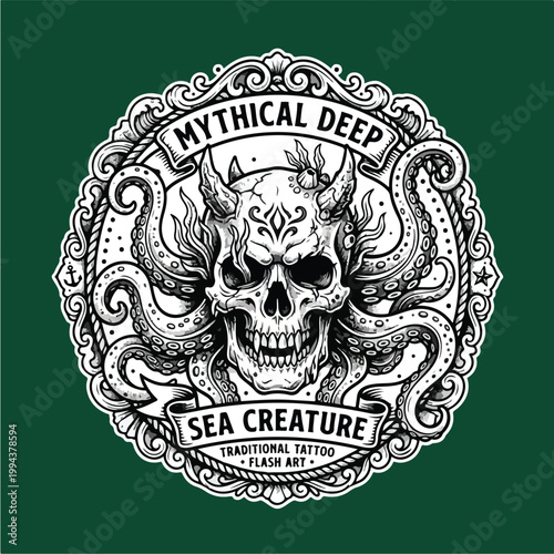 Mythical sea creature skull tattoo.