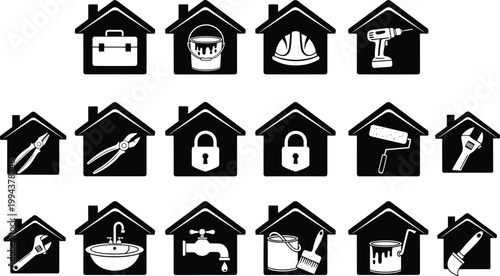 House icons with tools and equipment vector graphic set for construction and repair concept.