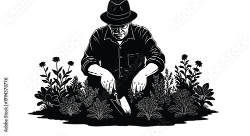 An elderly gardener wearing a stylish hat carefully tends to his plants using a small trowel in this charming black and white vector illustration.