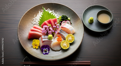 Beautifully arranged sashimi platter with fresh fish and vibrant garnishes on a dark background