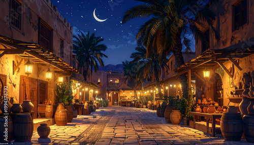A picturesque, warmly lit medieval marketplace scene unfolds under a crescent moon, showcasing traditional architecture and a vibrant atmosphere.