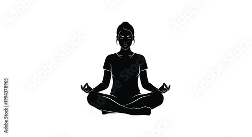 A serene black vector illustration depicts a woman in a peaceful lotus yoga pose, practicing mindfulness and deep meditation for inner calm and wellness design.