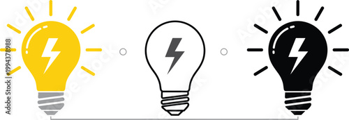 Light bulb with lightning bolt icon set in yellow outline and black solid styles for electricity energy concepts.