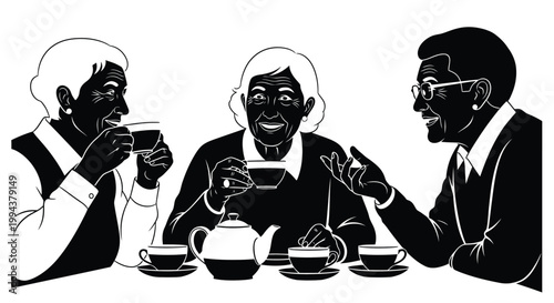 An engaging black and white vector illustration depicting three senior adults happily socializing over cups of tea and pleasant conversation around a table.
