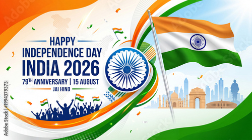 Happy independence day india 2026 79th anniversary poster with people crowd.