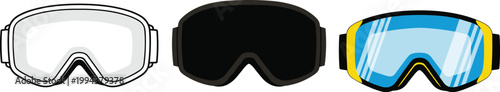 Professional ski goggles collection featuring outline silhouette and full color sport eyewear for winter activity.