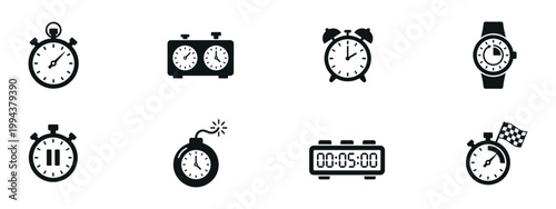 Time and Clock Icon Set. Flat and Outline Black Vectors of Stopwatches, Alarm Clock, Wristwatch, Bomb Timer, and Finish Flag Timer. Vector Illustrations.