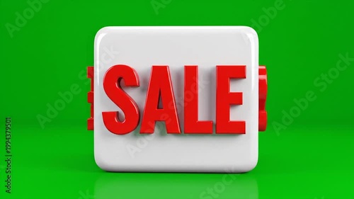 3D red sale sign on white cube with green background for retail promotion
