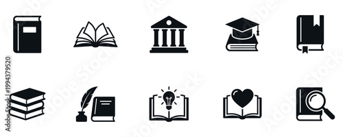 Book and Education Icon Set. Black Flat Vectors for Library, Graduation, Reading, Knowledge, and Research. Icons with Heart, Lightbulb, and Quill. Vector Illustration.