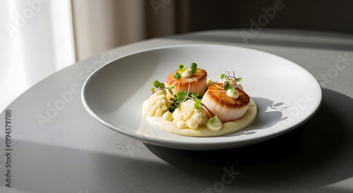 Gourmet pan-seared scallops served on creamy mashed cauliflower with microgreens