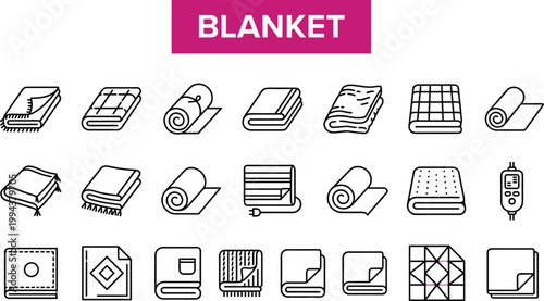 Blanket and bedding line icon set featuring cozy textiles, folded fabrics, home comfort items and soft material symbols