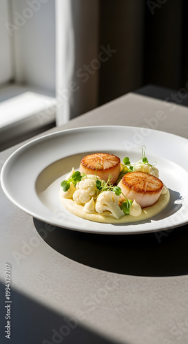Gourmet Seared Scallops Served on Creamy Mashed Cauliflower with Peas