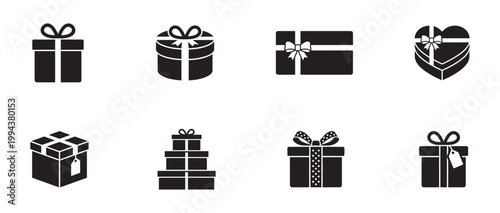 Gift box and present icon set. Holiday and celebration symbols, surprise and delivery silhouettes isolated on white background. Vector Illustration.	
