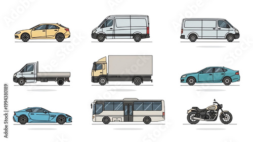 Vehicles collection including cars trucks and motorcycle on display