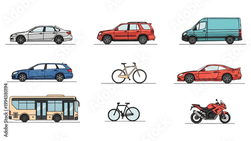 Vehicles and bicycles on display in a transportation showcase setting outdoors