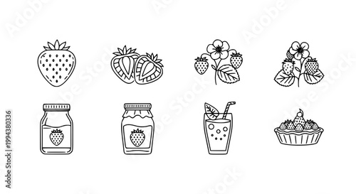 Minimal strawberry line icons featuring fruit plant juice jam and dessert berry outline vector set