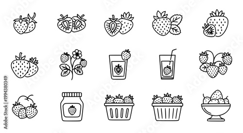 Strawberry fruit line icon set with strawberry slices plant juice jam and berry collection vector outline design