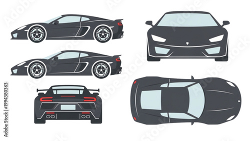 The illustration shows a sleek sports car from four different angles.